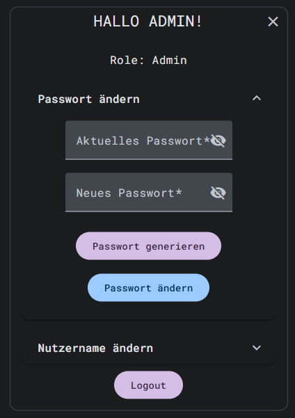 Passwort ändern Menü